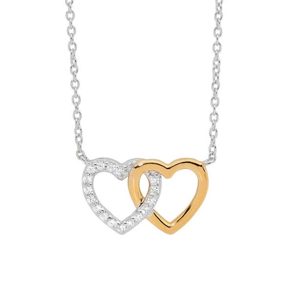 sterling silver and yellow gold plated Cubic Zirconia 2 Heart Necklace