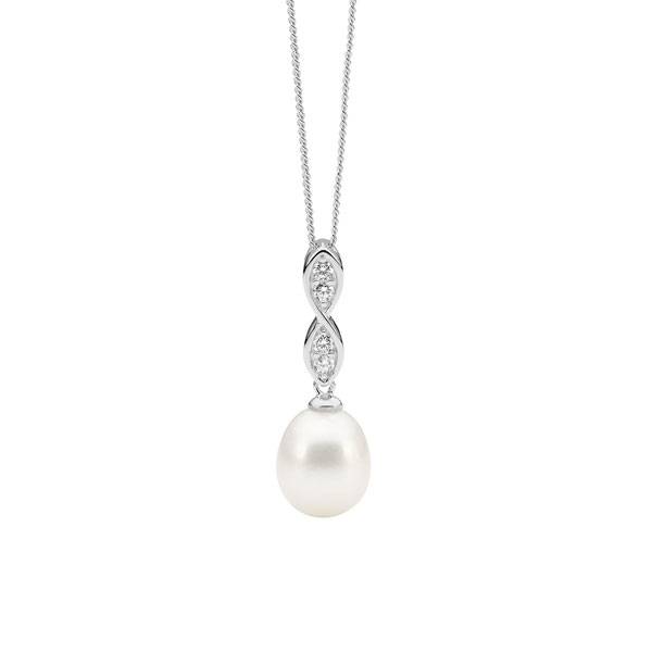 Sterling Silver Ellani Pearl & Cubic Zirconia Pendant
