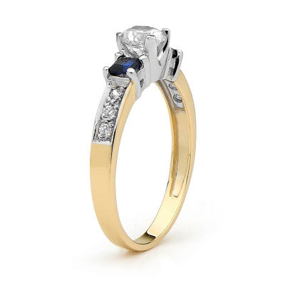 9ct yellow gold created sapphire and cubic zirconia ring