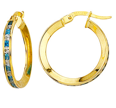 9ct yellow gold silver filled blue & white cubic zirconia hoop earrings