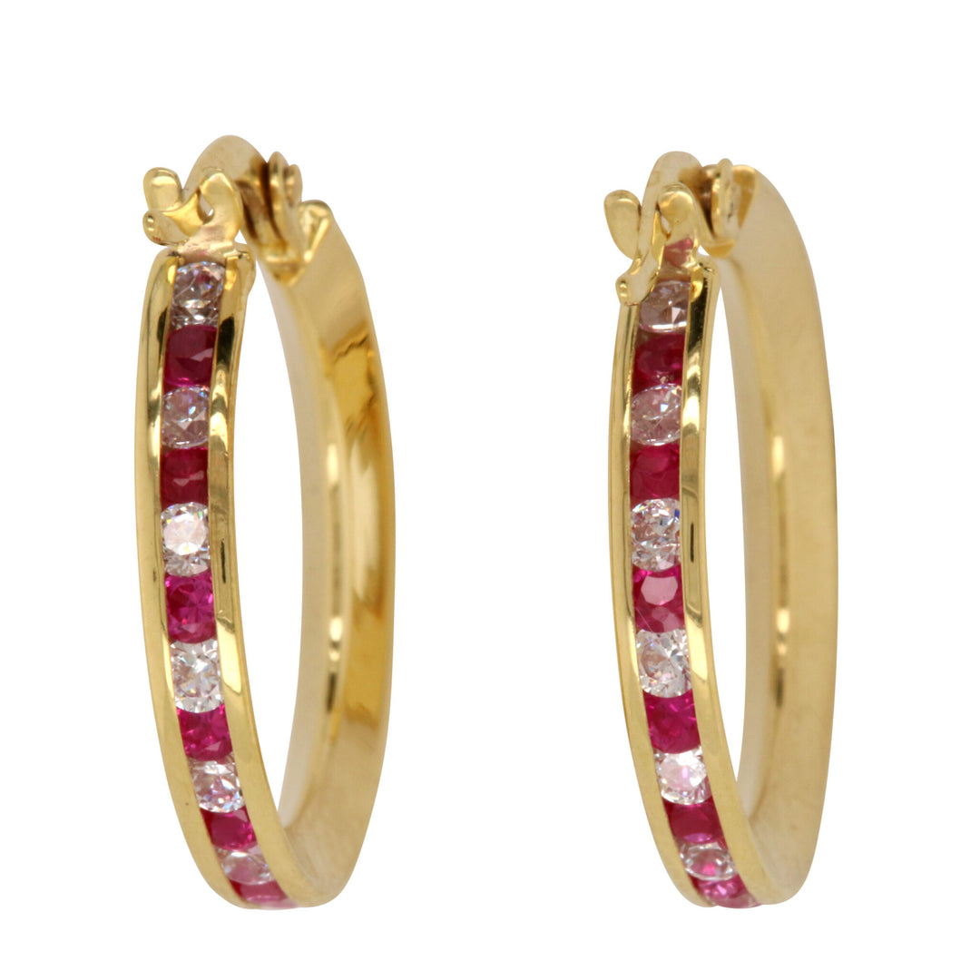 9ct yellow gold silver filled red & white cubic zirconia hoop earrings