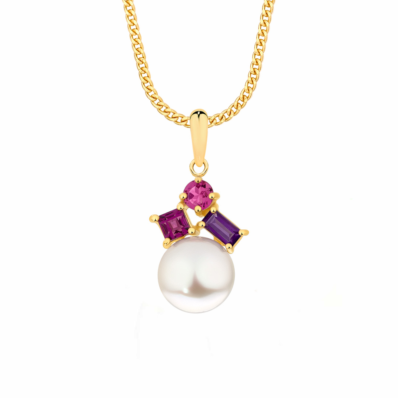 9ct yellow gold freshwater pearl, amethyst, pink tourmaline and rhodalite pendant