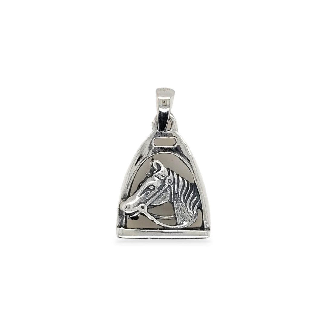 sterling silver horse head in stirrup pendant