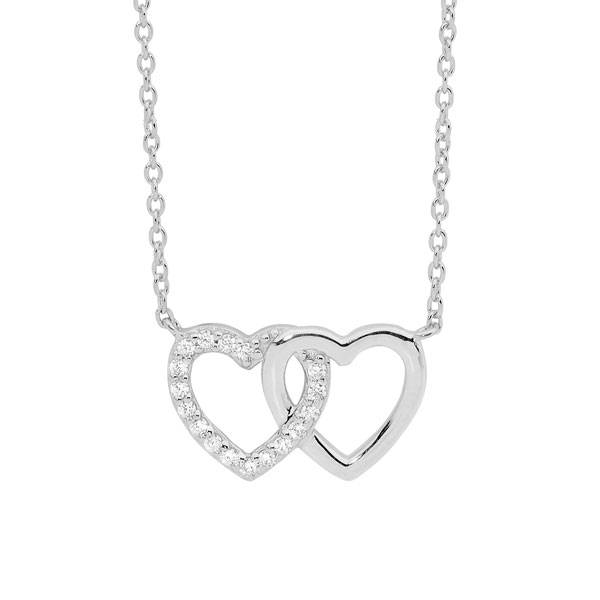 Sterling Silver Ellani Cubic Zirconia 2 Heart Necklace